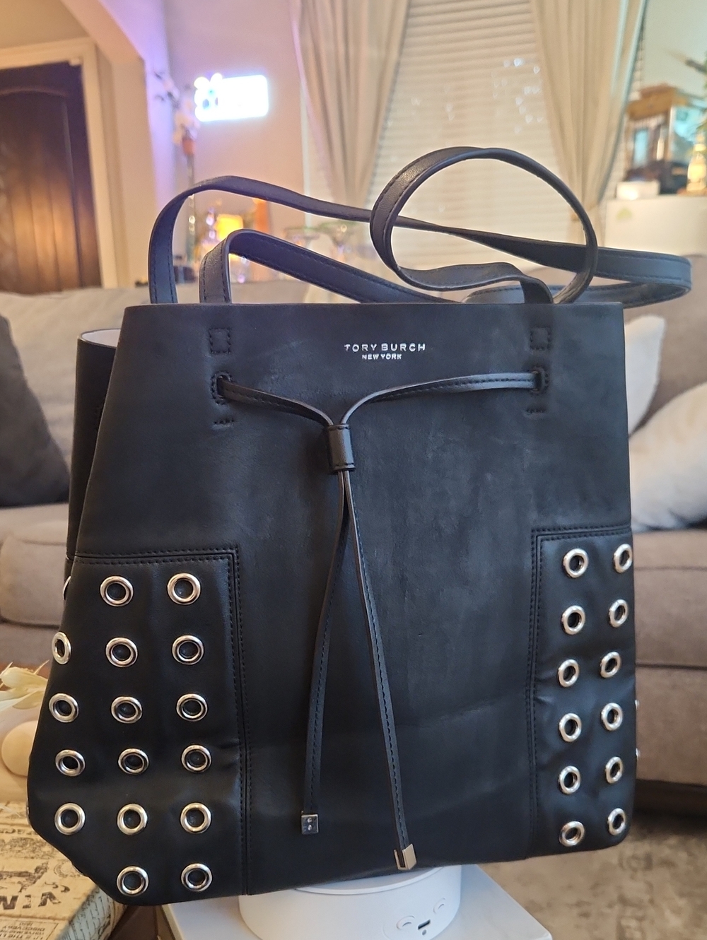 Authentic Tory Burch Block-T Grommet Drawstring Tote - Black
